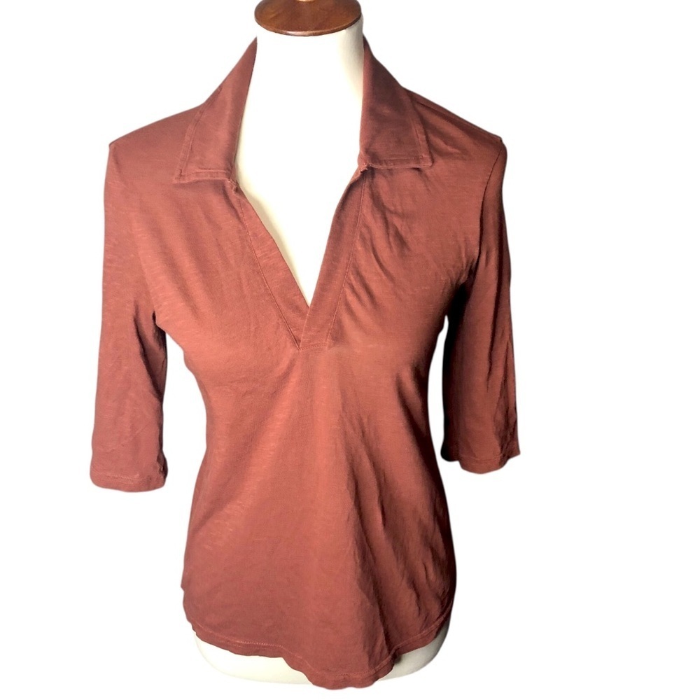 Pact Organic Cotton Wo's XS Henley Collared Top Shirt Brown Casual Basic Minimal